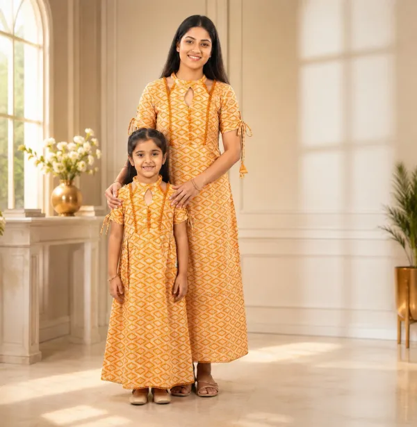 Brown_And_Orange_Cotton_Printed_Anarkali_Dress_For_Women_&_Girls_Pack_Of_2