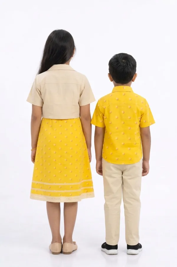 Yellow_And_Cream_Cotton_Polka_Dot_Dress_&_Shirt_Pant_Sibling_Set_Pack_Of_2
