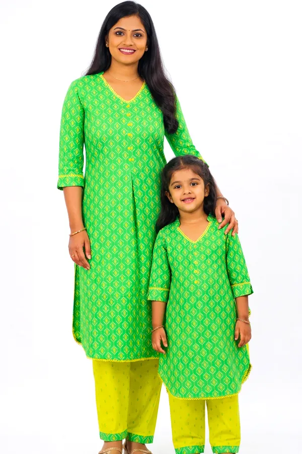 Green_And_Yellow_Cotton_Printed_Kurta_Set_For_Girls_Pack_Of_2