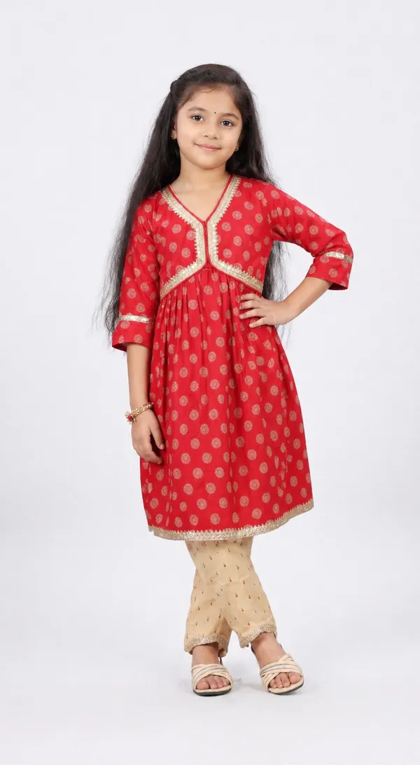 Red_And_Beige_Cotton_Lycra_Printed_Kurta_Set_With_Beige_Pants_For_Girls