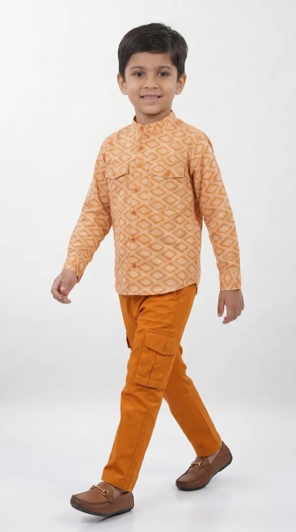 Brown_And_Orange_Cotton_Geometric_Print_Shirt_&_Cargo_Pant_Set_For_Boys