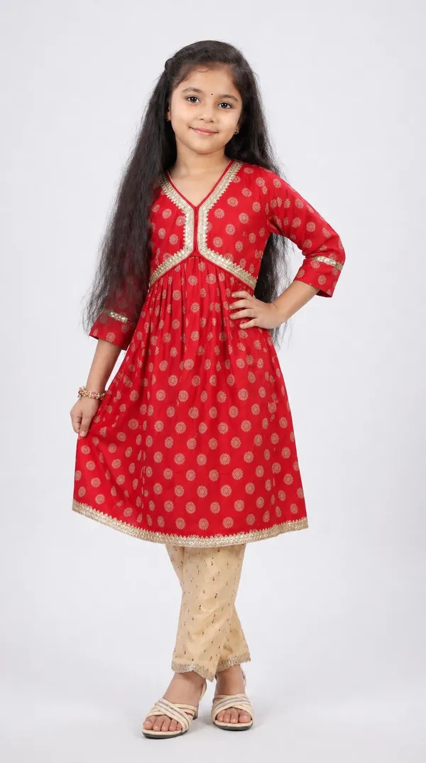 Red_And_Beige_Cotton_Lycra_Printed_Kurta_Set_With_Beige_Pants_For_Girls