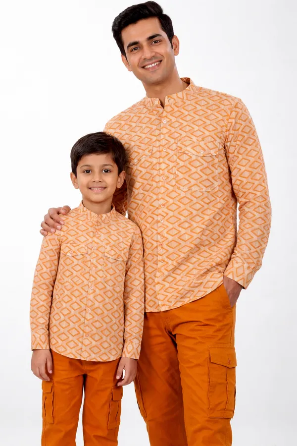 Brown_And_Orange_Cotton_Geometric_Print_Shirt_&_Pant_Father_Son_Set_Pack_Of_2