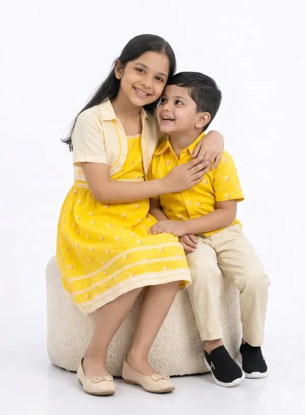 Yellow_And_Cream_Cotton_Polka_Dot_Dress_&_Shirt_Pant_Sibling_Set_Pack_Of_2