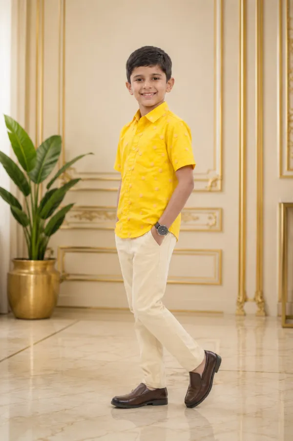 Yellow_And_Beige_Cotton_Printed_Shirt_&_Beige_Chino_Set_For_Boys