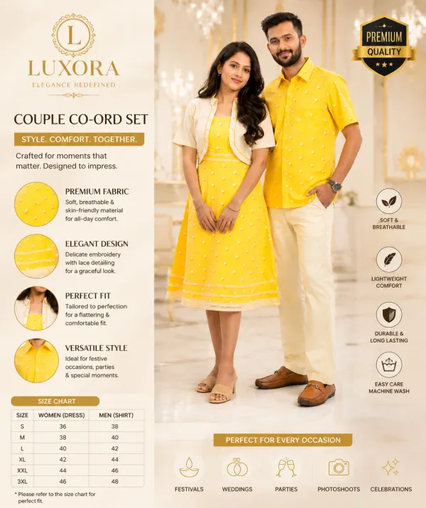 Yellow_And_Cream_Cotton_Lycra_Polka_Dot_Matching_Dress_And_Shirt_Pant_Set_For_Couples_Pack_Of_2