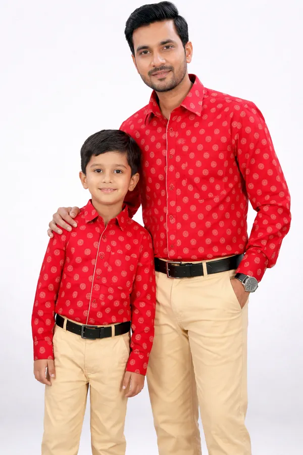 Red_And_Beige_Cotton_Polka_Dot_Printed_Shirt_&_Pant_Father_Son_Set_Pack_Of_2