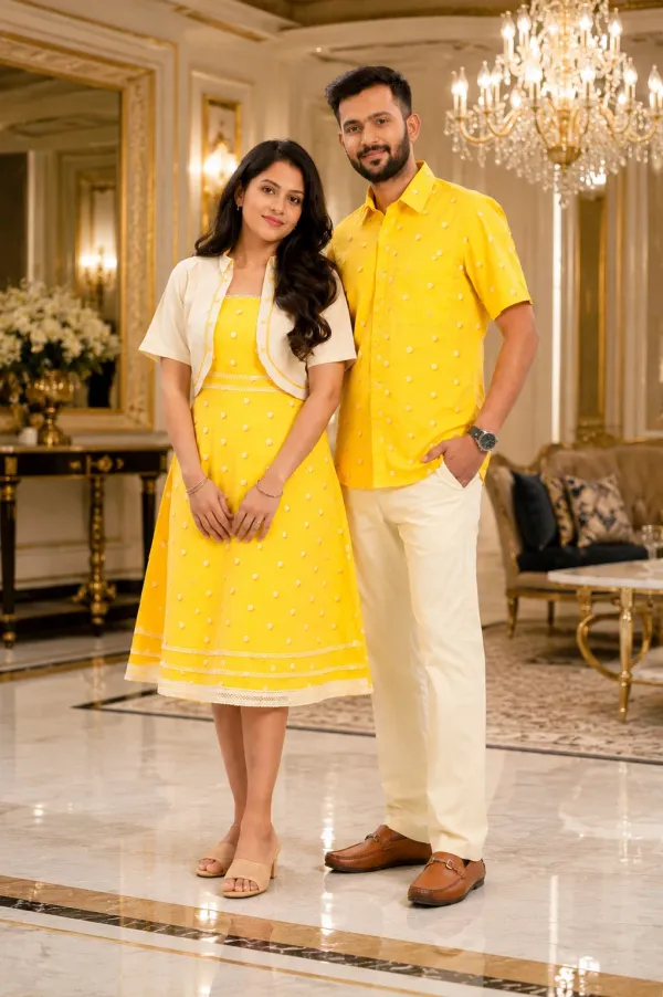 Yellow_And_Cream_Cotton_Lycra_Polka_Dot_Matching_Dress_And_Shirt_Pant_Set_For_Couples_Pack_Of_2