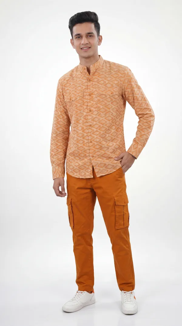 Brown_And_Orange_Cotton_Mandarin_Collar_Geometric_Print_Shirt_Pant_Set_For_Men