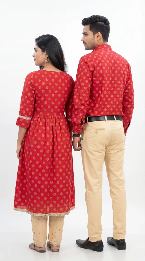 Red_And_Beige_Cotton_Printed_Anarkali_Kurta_&_Shirt_Pant_Couple_Set_Pack_Of_2