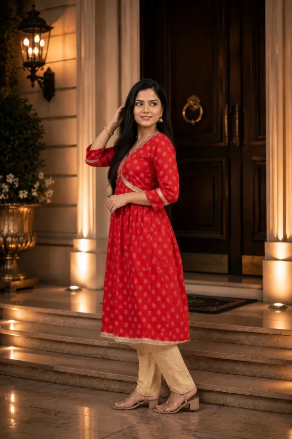 Red_Cotton_Lycra_Anarkali_Kurta_Set_With_Beige_Pants_For_Women