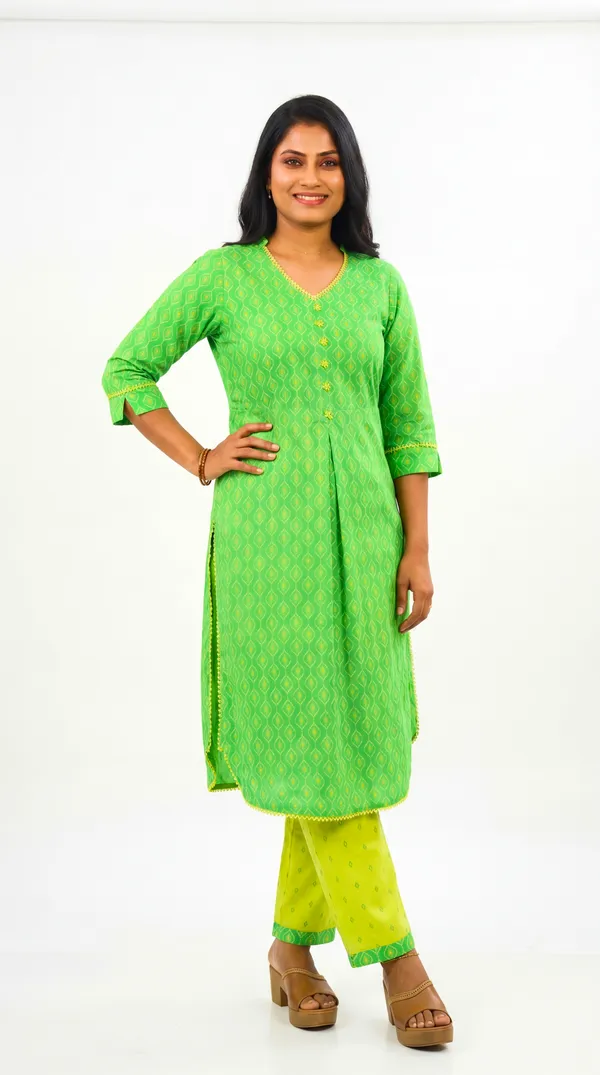 Green_Cotton_Lycra_Printed_A-Line_Kurta_Set_With_Yellow_Pants_For_Women