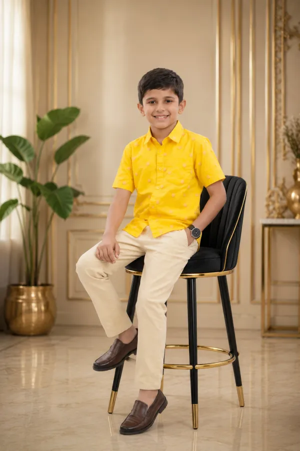 Yellow_And_Beige_Cotton_Printed_Shirt_&_Beige_Chino_Set_For_Boys