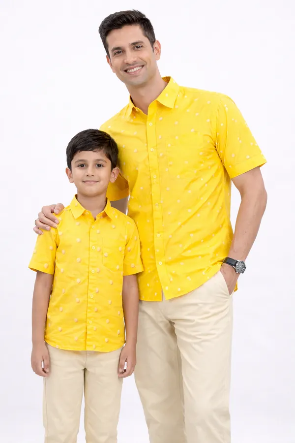 Yellow_And_Beige_Cotton_Printed_Shirt_&_Pant_Father_Son_Set_Pack_Of_2