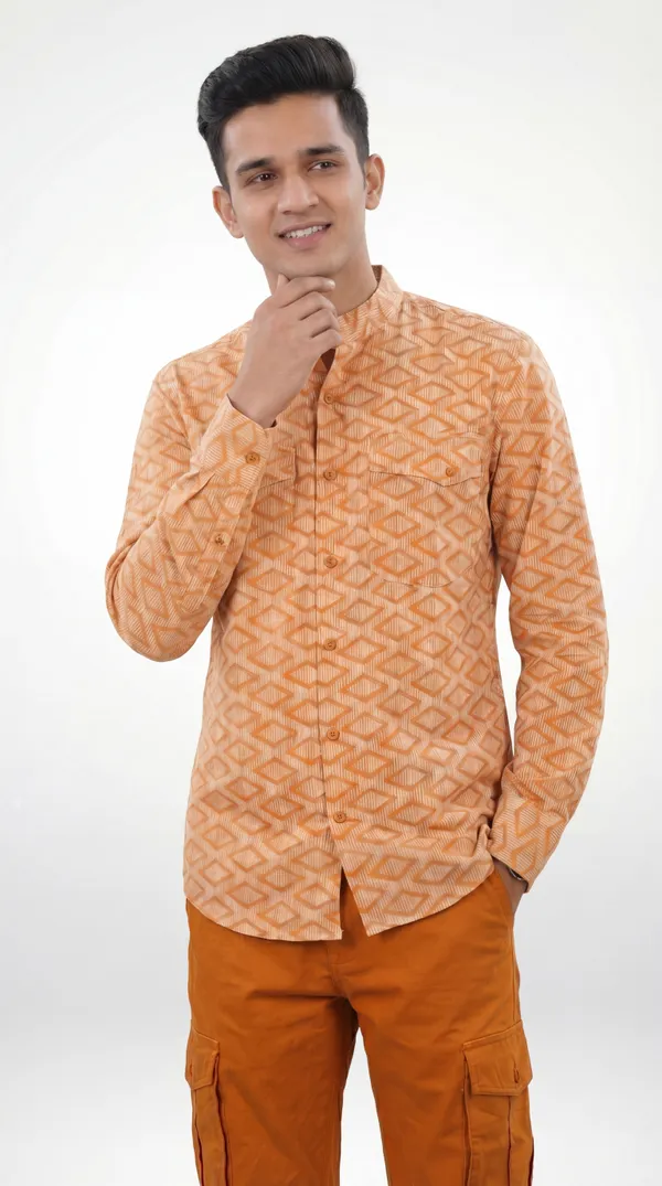 Brown_And_Orange_Cotton_Mandarin_Collar_Geometric_Print_Shirt_Pant_Set_For_Men