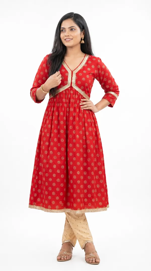 Red_Cotton_Lycra_Anarkali_Kurta_Set_With_Beige_Pants_For_Women