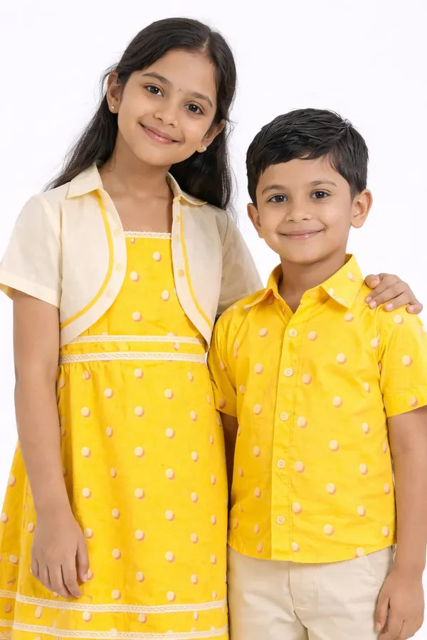 Yellow_And_Cream_Cotton_Polka_Dot_Dress_&_Shirt_Pant_Sibling_Set_Pack_Of_2