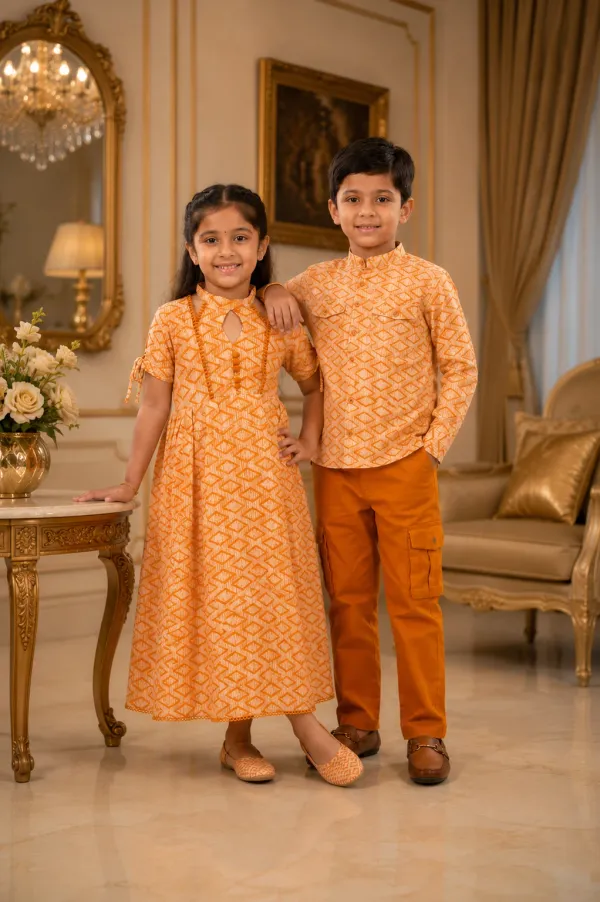 Brown_And_Orange_Cotton_Lycra_Polka_Dot_Sibling_Dress_And_Shirt_Set_For_Boy_And_Girl_Pack_Of_2