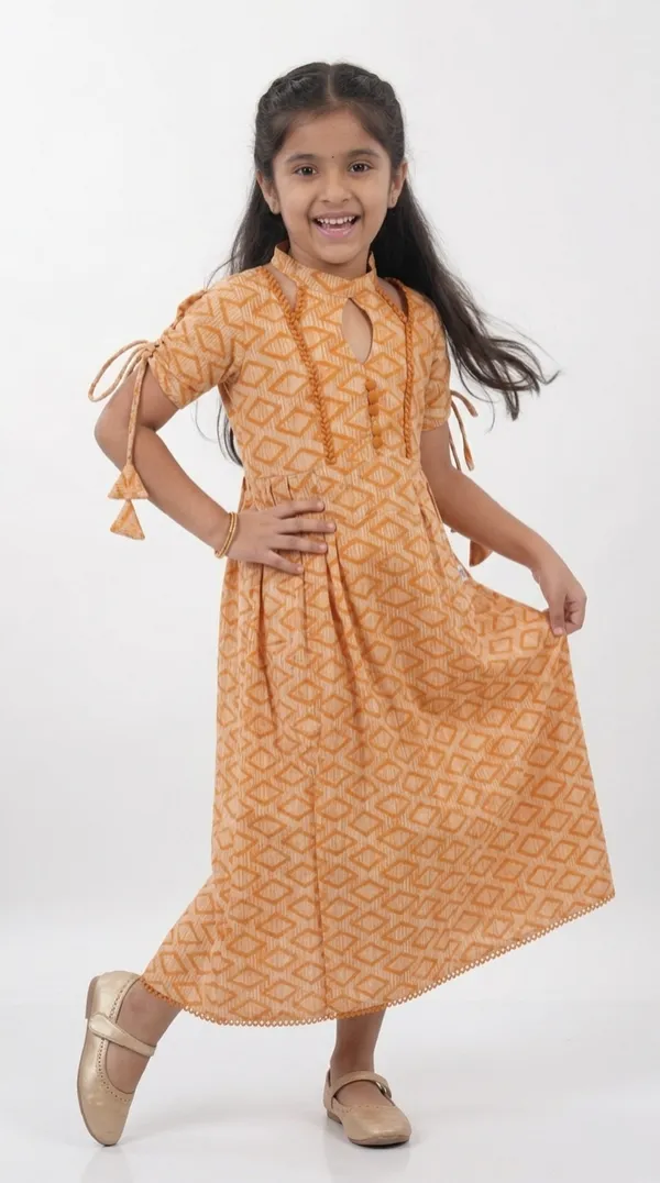 Brown_Cotton_Geometric_Print_Anarkali_Dress_For_Girls