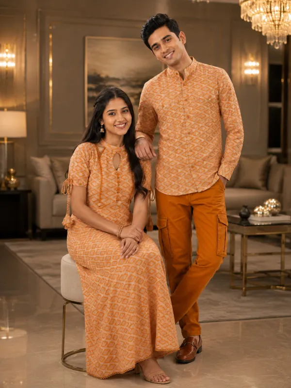Brown_And_Orange_Cotton_Lycra_Polka_Dot_Printed_Couple_Kurta_Set_Pack_Of_2