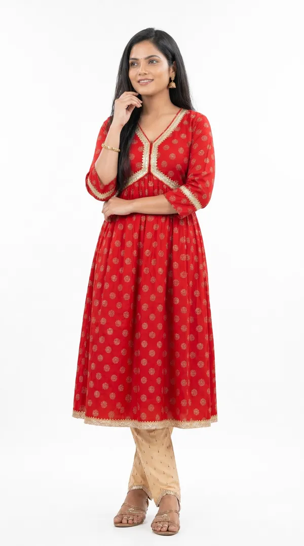 Red_Cotton_Lycra_Anarkali_Kurta_Set_With_Beige_Pants_For_Women