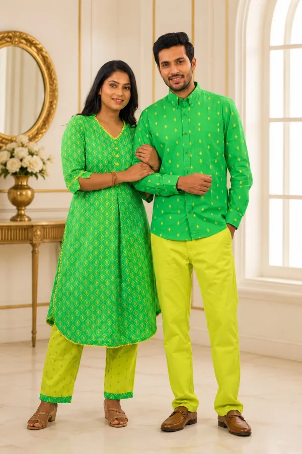 Green_And_Yellow_Cotton_Lycra_Polka_Dot_Printed_Couple_Kurta_Set_Pack_Of_2