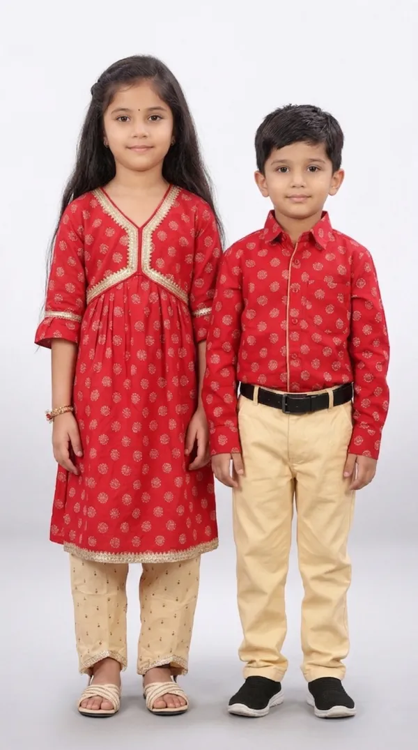 Red_And_Beige_Cotton_Block_Print_Dress_&_Shirt_Pant_Sibling_Set_Pack_Of_2