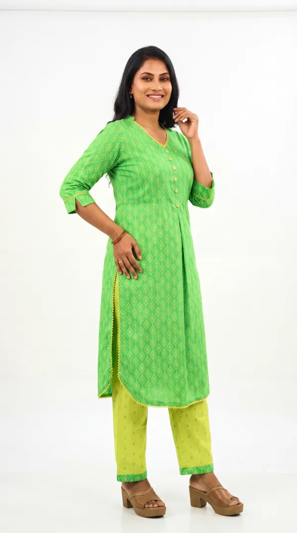 Green_Cotton_Lycra_Printed_A-Line_Kurta_Set_With_Yellow_Pants_For_Women