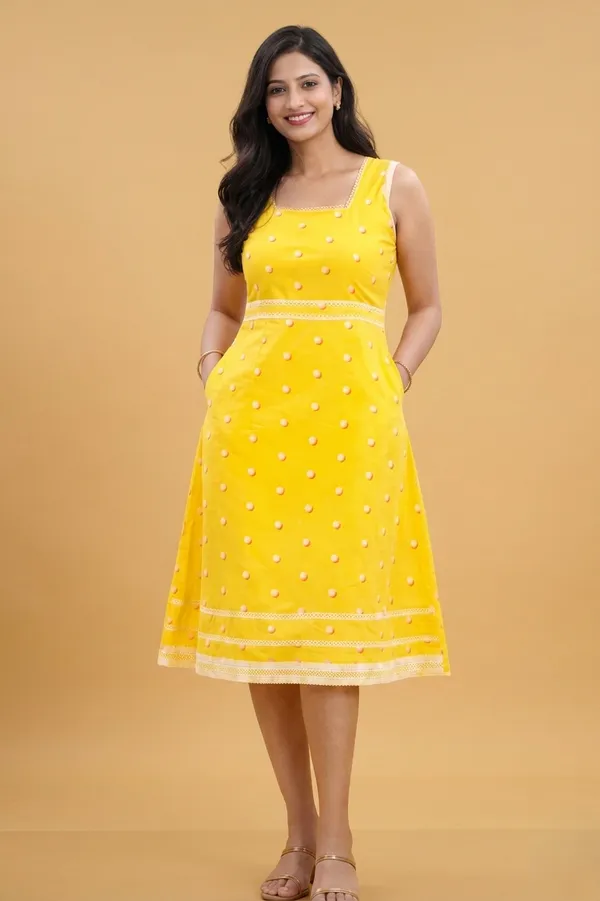 Yellow_And_Cream_Cotton_Lycra_Embroidered_Fit_&_Flare_Dress_With_Shrug_For_Women