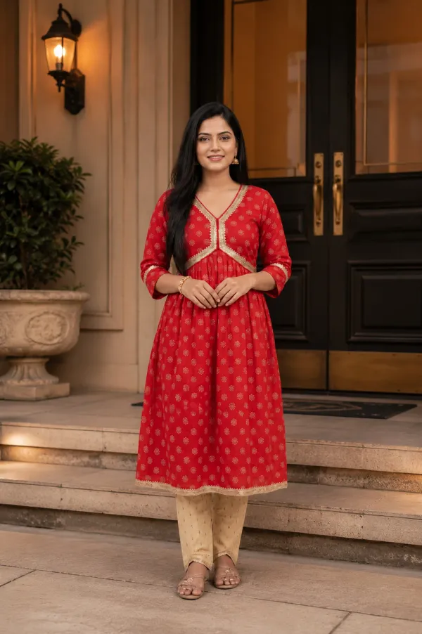 Red_Cotton_Lycra_Anarkali_Kurta_Set_With_Beige_Pants_For_Women