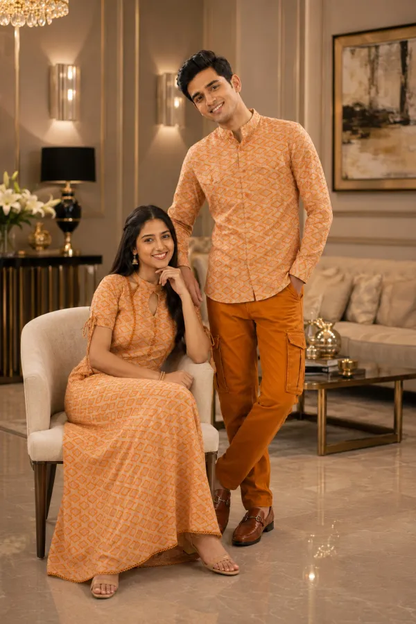 Brown_And_Orange_Cotton_Lycra_Polka_Dot_Printed_Couple_Kurta_Set_Pack_Of_2