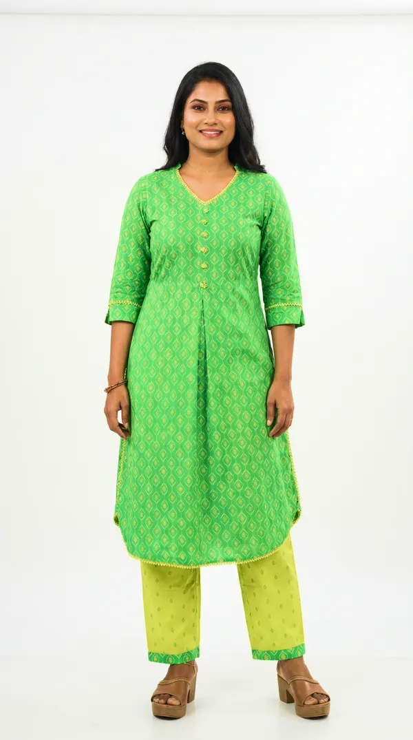 Green_Cotton_Lycra_Printed_A-Line_Kurta_Set_With_Yellow_Pants_For_Women