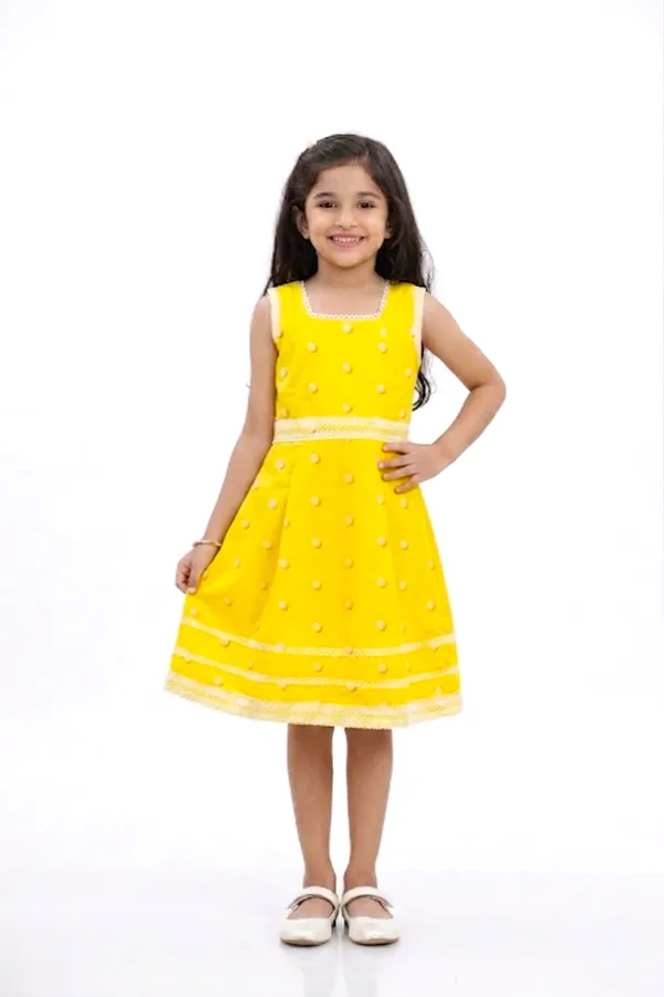 Yellow_And_Cream_Cotton_Lycra_Polka_Dot_Dress_With_Beige_Shrug_For_Girls