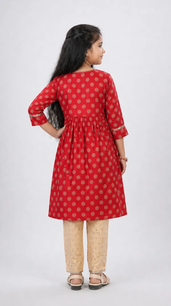 Red_And_Beige_Cotton_Lycra_Printed_Kurta_Set_With_Beige_Pants_For_Girls