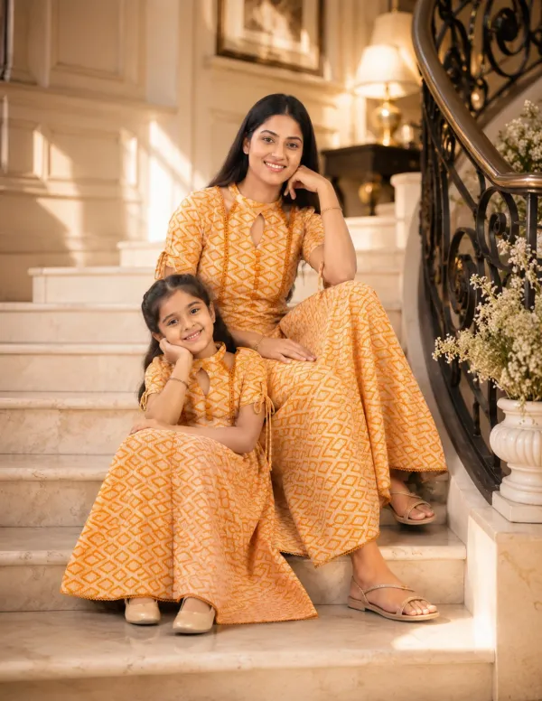 Brown_And_Orange_Cotton_Printed_Anarkali_Dress_For_Women_&_Girls_Pack_Of_2