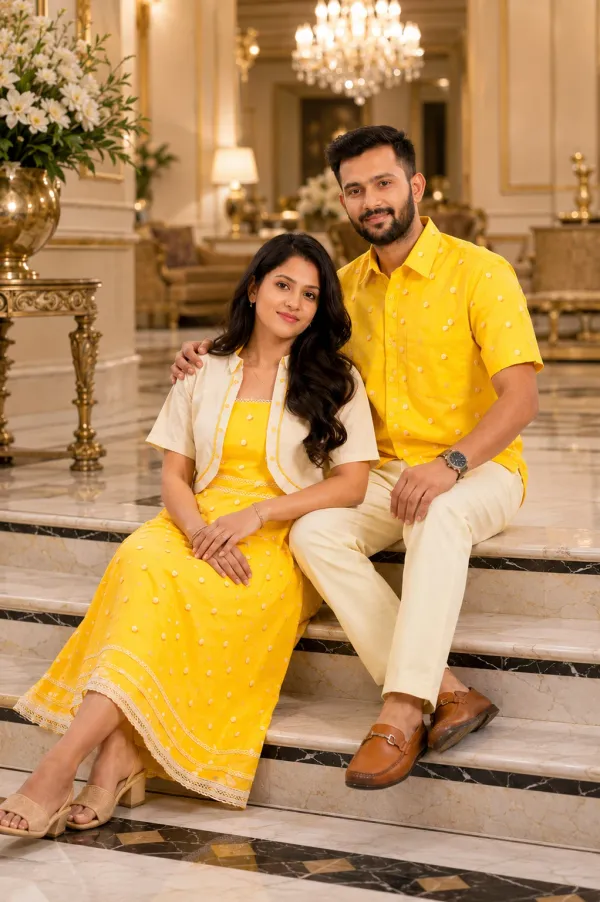Yellow_And_Cream_Cotton_Lycra_Polka_Dot_Matching_Dress_And_Shirt_Pant_Set_For_Couples_Pack_Of_2