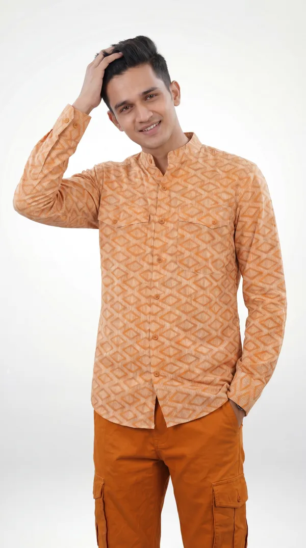 Brown_And_Orange_Cotton_Mandarin_Collar_Geometric_Print_Shirt_Pant_Set_For_Men