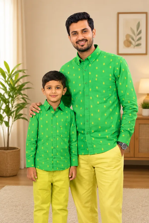 Green_And_Yellow_Cotton_Geometric_Print_Shirt_&_Pant_Father_Son_Set_Pack_Of_2