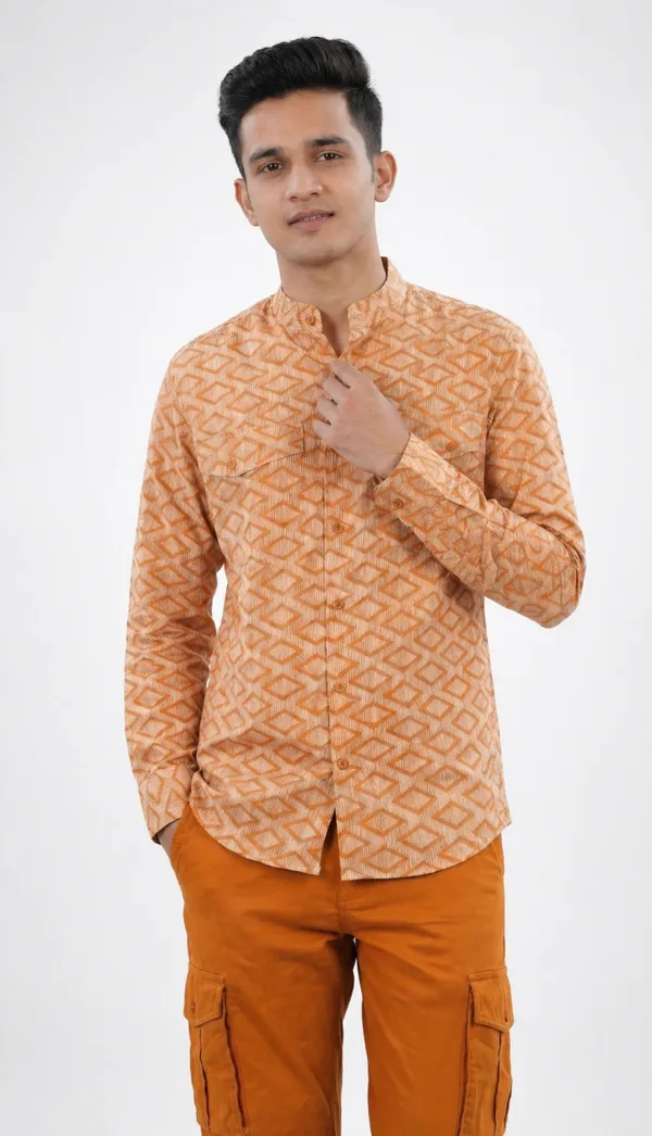 Brown_And_Orange_Cotton_Mandarin_Collar_Geometric_Print_Shirt_Pant_Set_For_Men