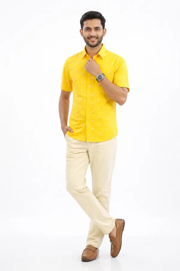 Yellow_And_Cream_Cotton_Printed_Short_Sleeve_Shirt_&_Pant_Set_For_Men