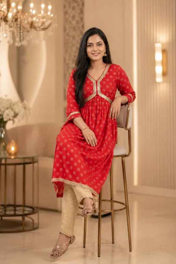 Red_Cotton_Lycra_Anarkali_Kurta_Set_With_Beige_Pants_For_Women