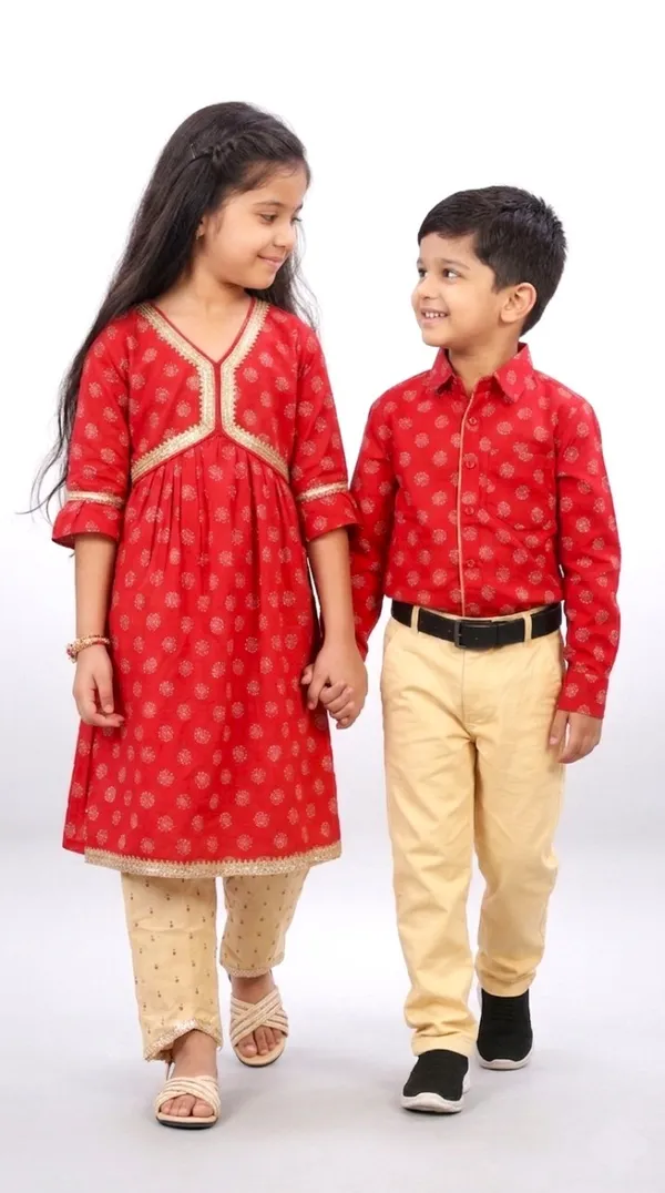 Red_And_Beige_Cotton_Block_Print_Dress_&_Shirt_Pant_Sibling_Set_Pack_Of_2
