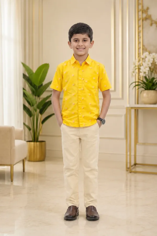 Yellow_And_Beige_Cotton_Printed_Shirt_&_Beige_Chino_Set_For_Boys