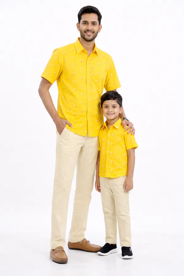 Yellow_And_Beige_Cotton_Printed_Shirt_&_Pant_Father_Son_Set_Pack_Of_2