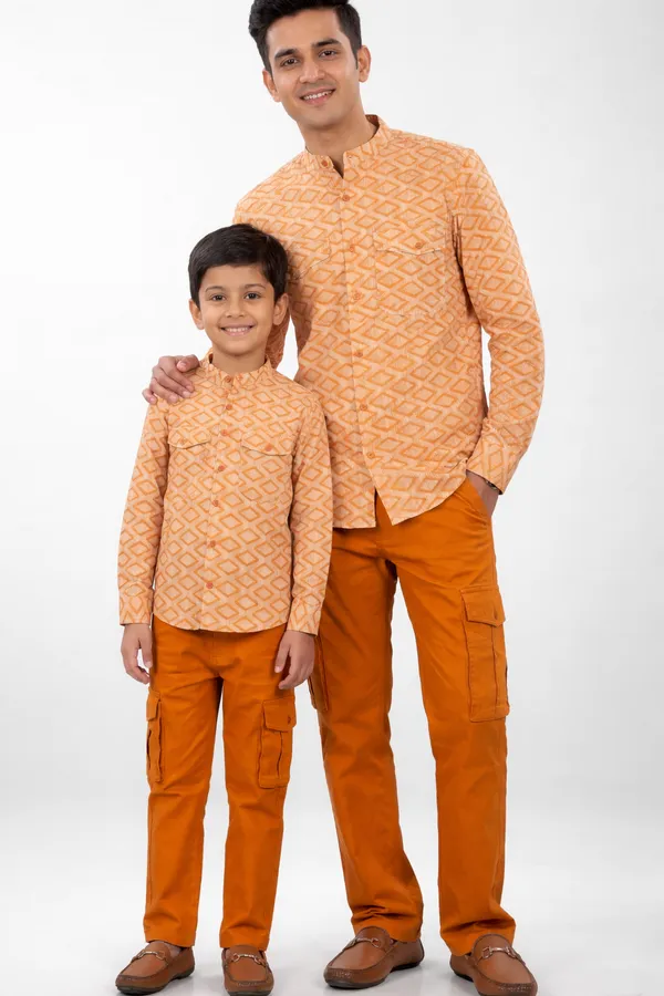 Brown_And_Orange_Cotton_Geometric_Print_Shirt_&_Pant_Father_Son_Set_Pack_Of_2