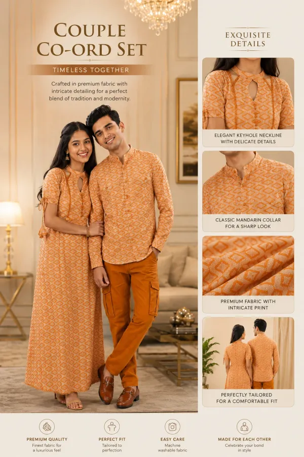 Brown_And_Orange_Cotton_Lycra_Polka_Dot_Printed_Couple_Kurta_Set_Pack_Of_2