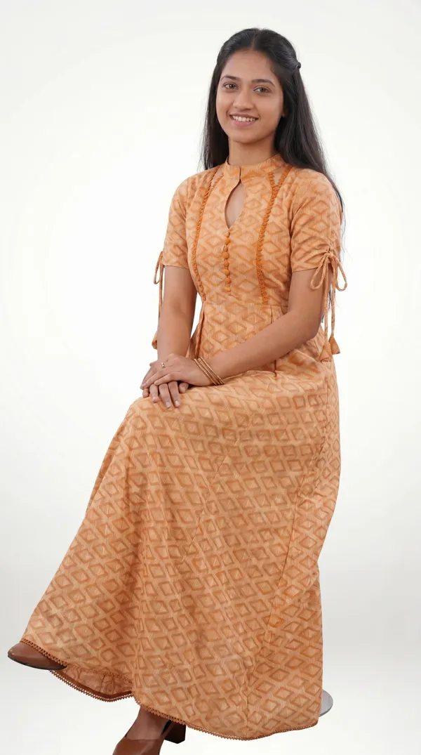Brown_Cotton_Geometric_Print_Keyhole_Neck_Anarkali_Kurta_For_Women