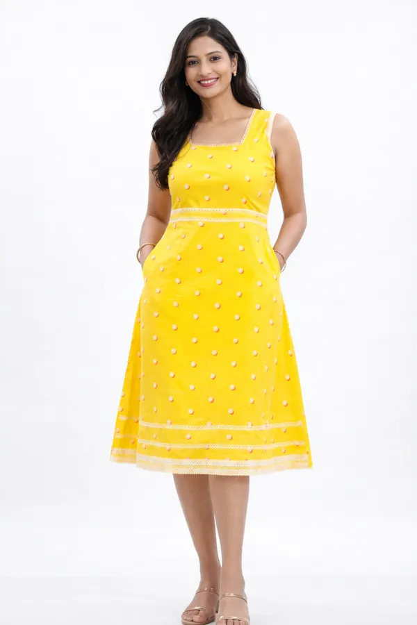 Yellow_And_Cream_Cotton_Lycra_Embroidered_Fit_&_Flare_Dress_With_Shrug_For_Women