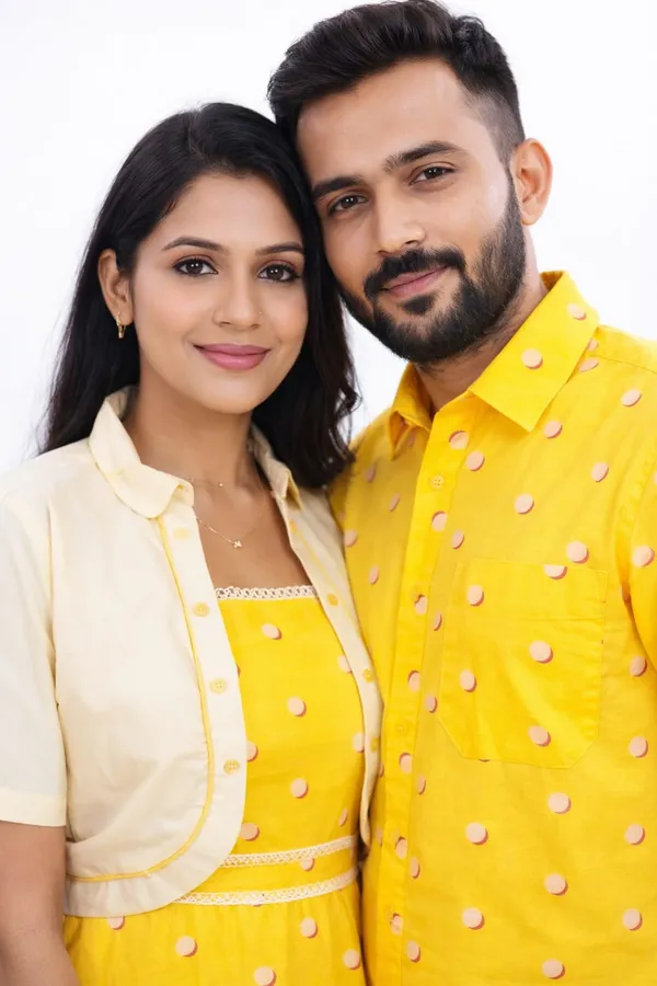 Yellow_And_Cream_Cotton_Lycra_Polka_Dot_Matching_Dress_And_Shirt_Pant_Set_For_Couples_Pack_Of_2