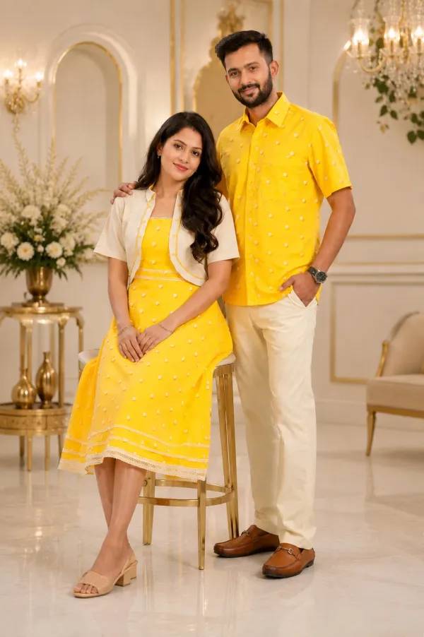 Yellow_And_Cream_Cotton_Lycra_Polka_Dot_Matching_Dress_And_Shirt_Pant_Set_For_Couples_Pack_Of_2